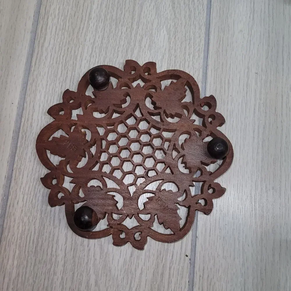 Vintage MCM Wood Hand Carved Footed Trivet Floral Hotplate Made In India